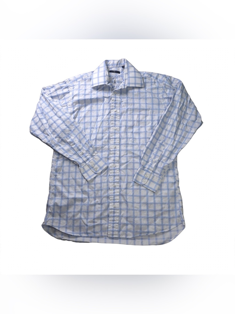Burberry London Dress Shirt Mens 15.5R White Blue Check Cotton